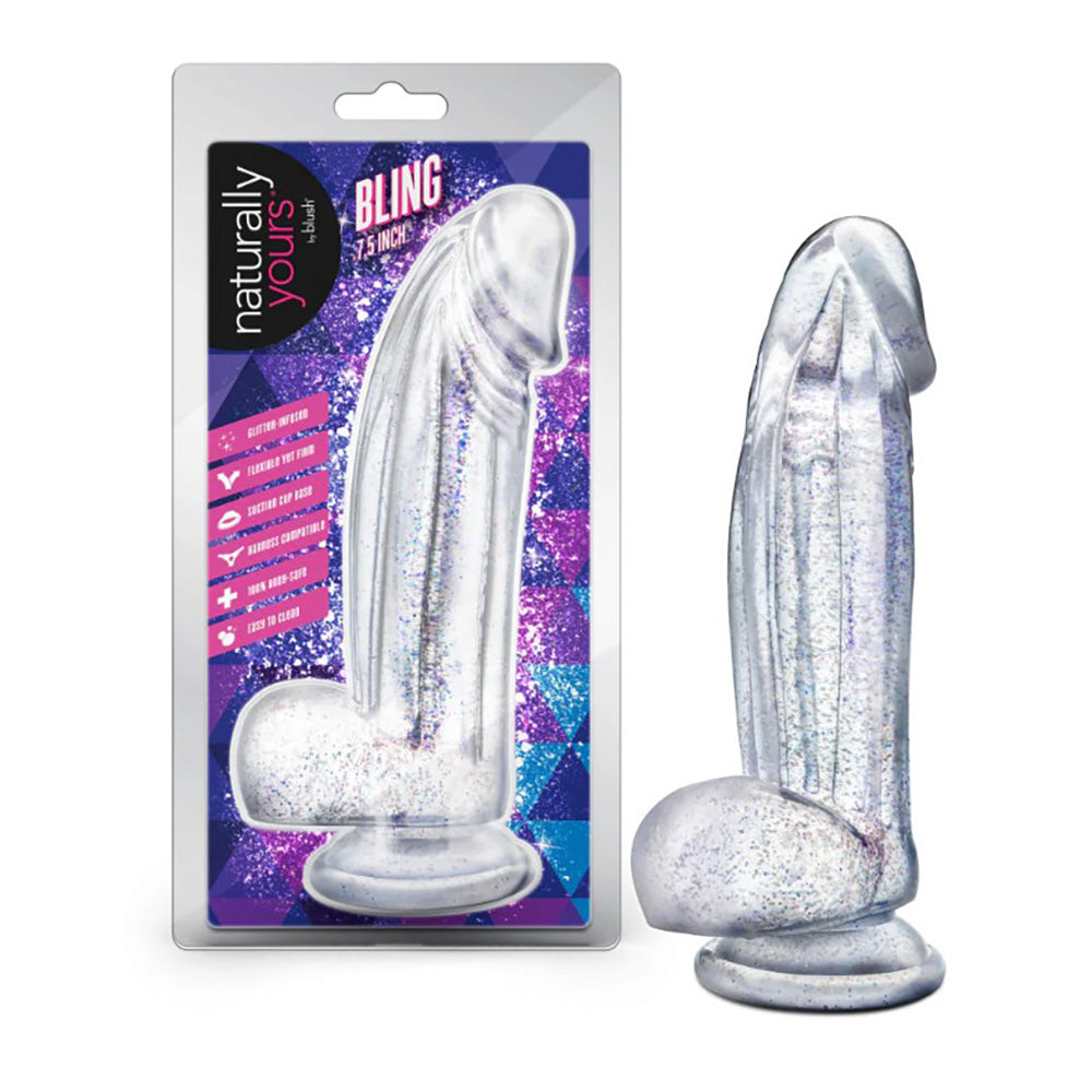Clear glitter dildo with suction cup base, 7.5 inches long, in sparkling design.