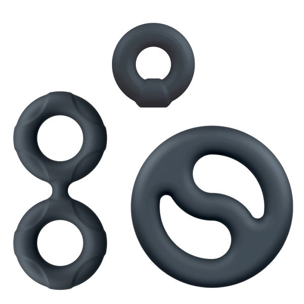 Three dark grey silicone rings of varying shapes and sizes.