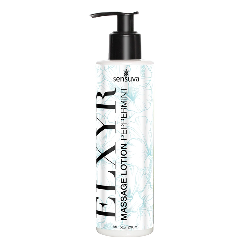 Sensuva Peppermint massage lotion in a pump bottle with floral design.