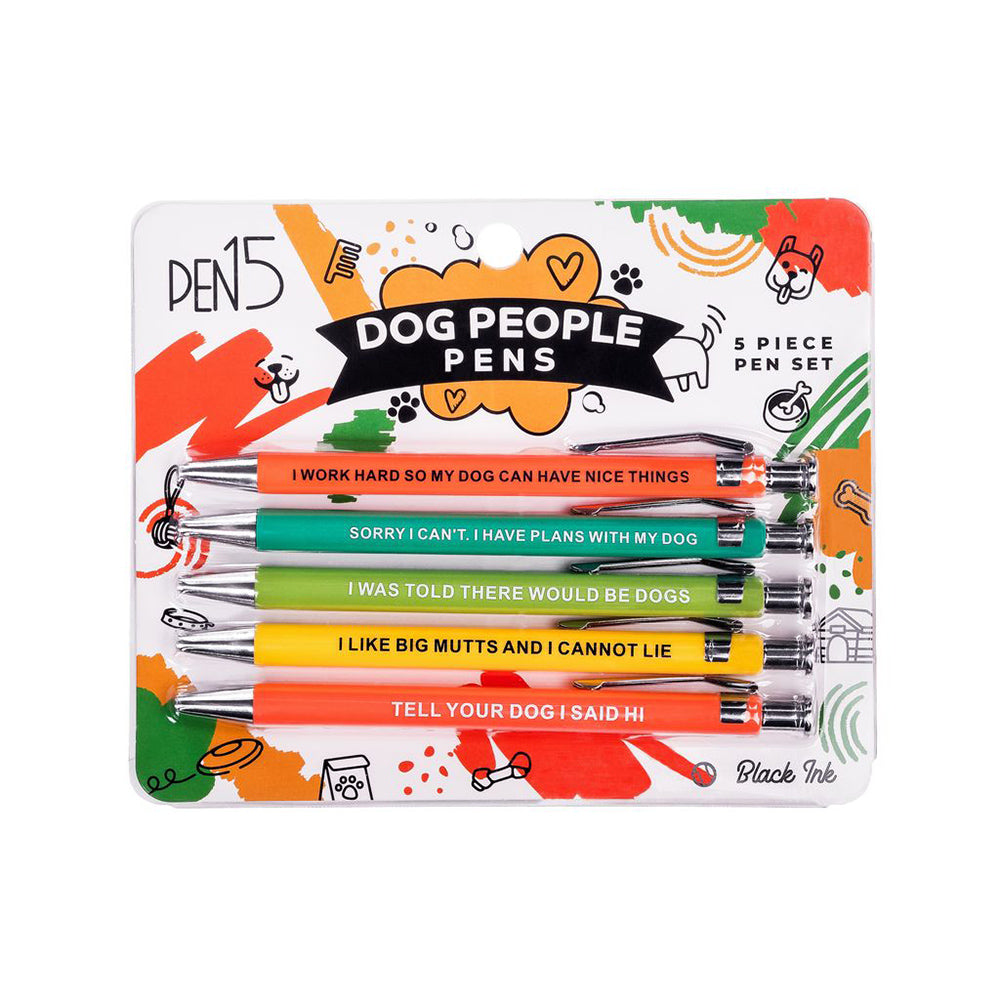 A set of five colorful pens with dog-themed sayings.