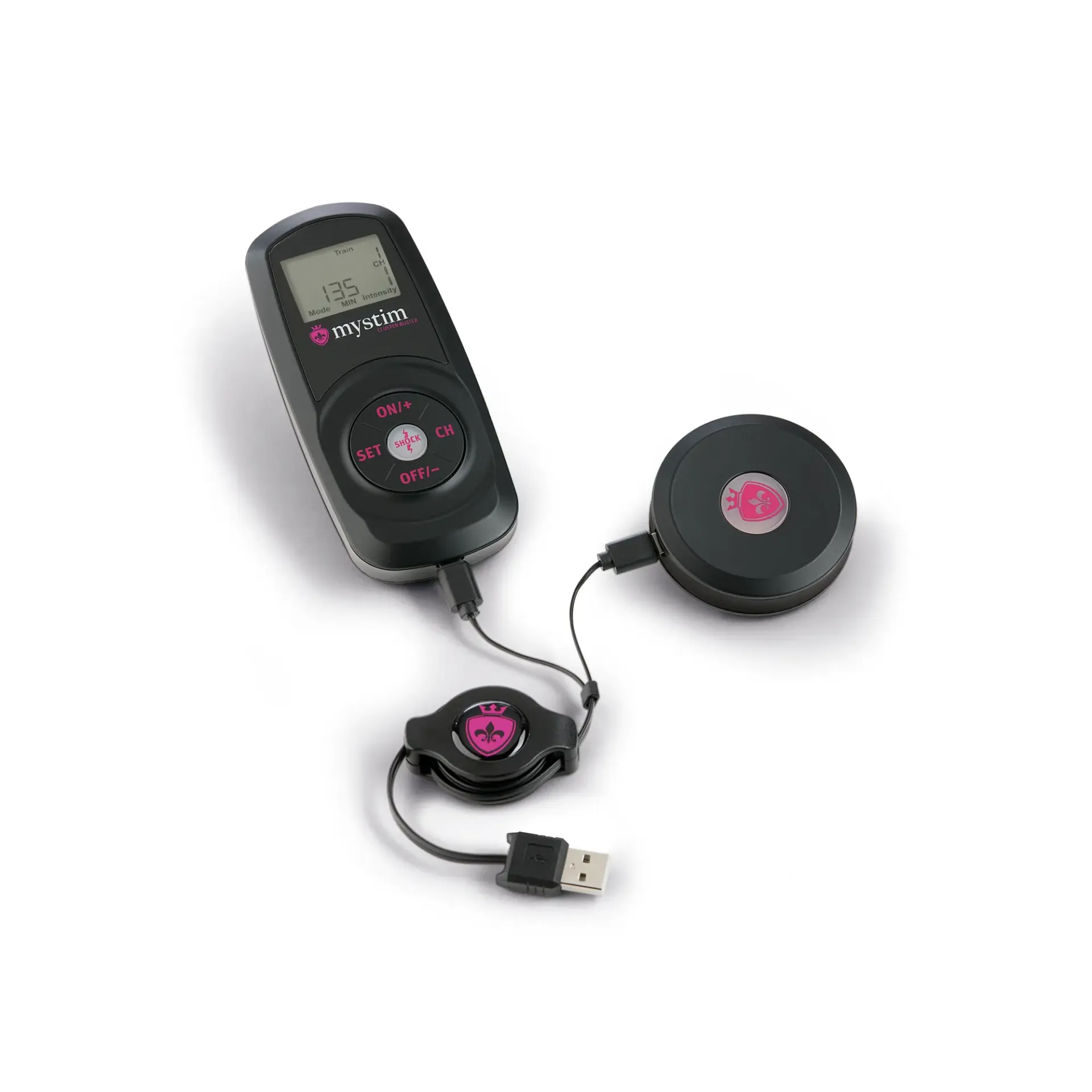 Mystim wireless e-stim device starter kit with remote control and USB charging cable.