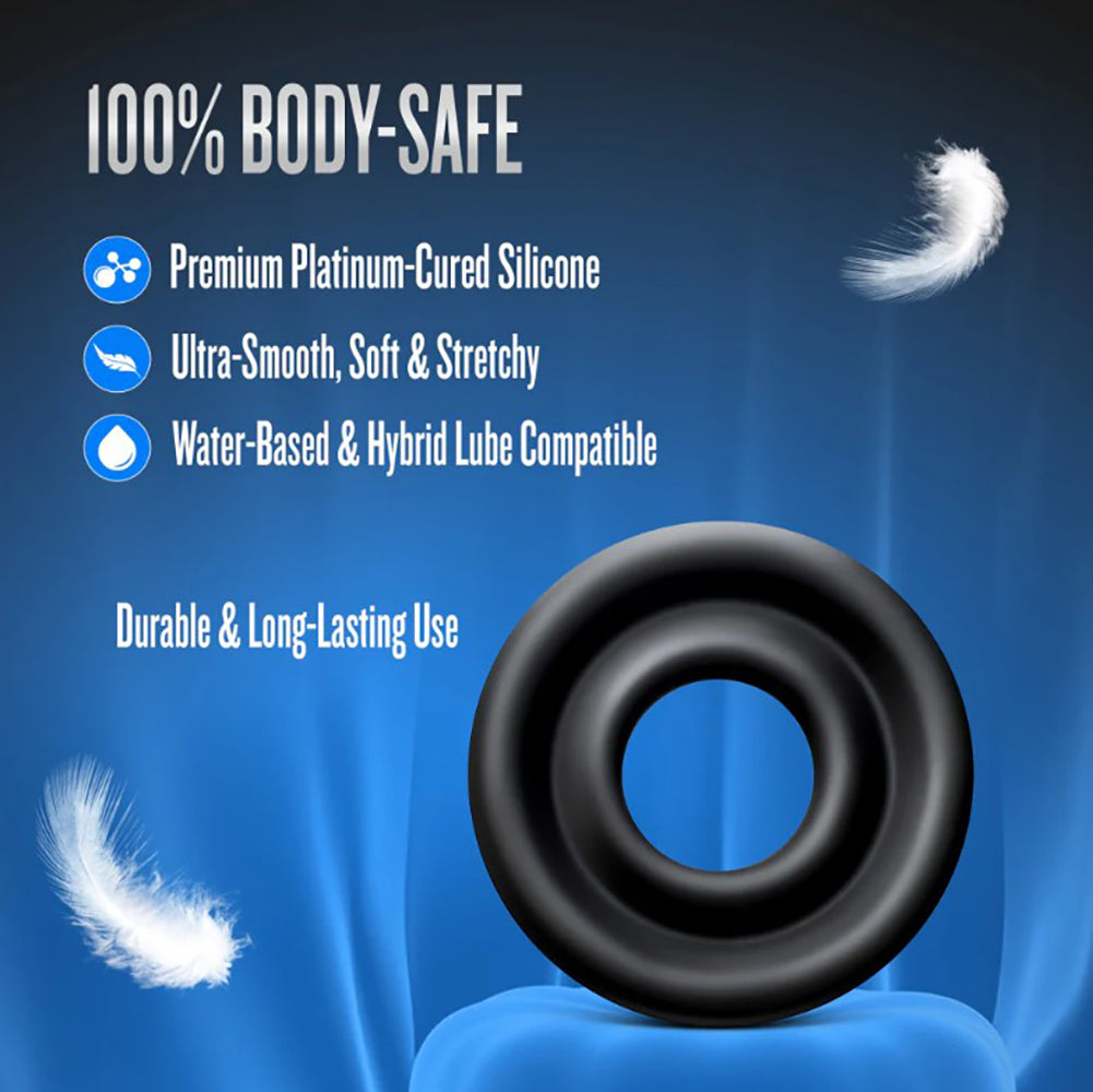 A black silicone pump sleeve with text highlighting its body-safe, smooth, and durable qualities.