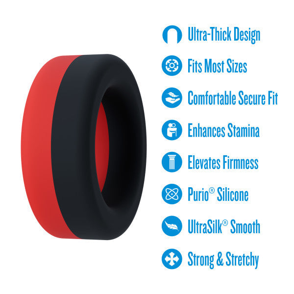 Thick red and black silicone cock ring with product features listed.