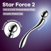 Curved stainless steel G-spot stimulator with a spherical tip.