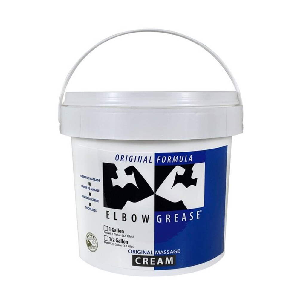 A white pail of Elbow Grease Original Formula massage cream with a blue and black label.