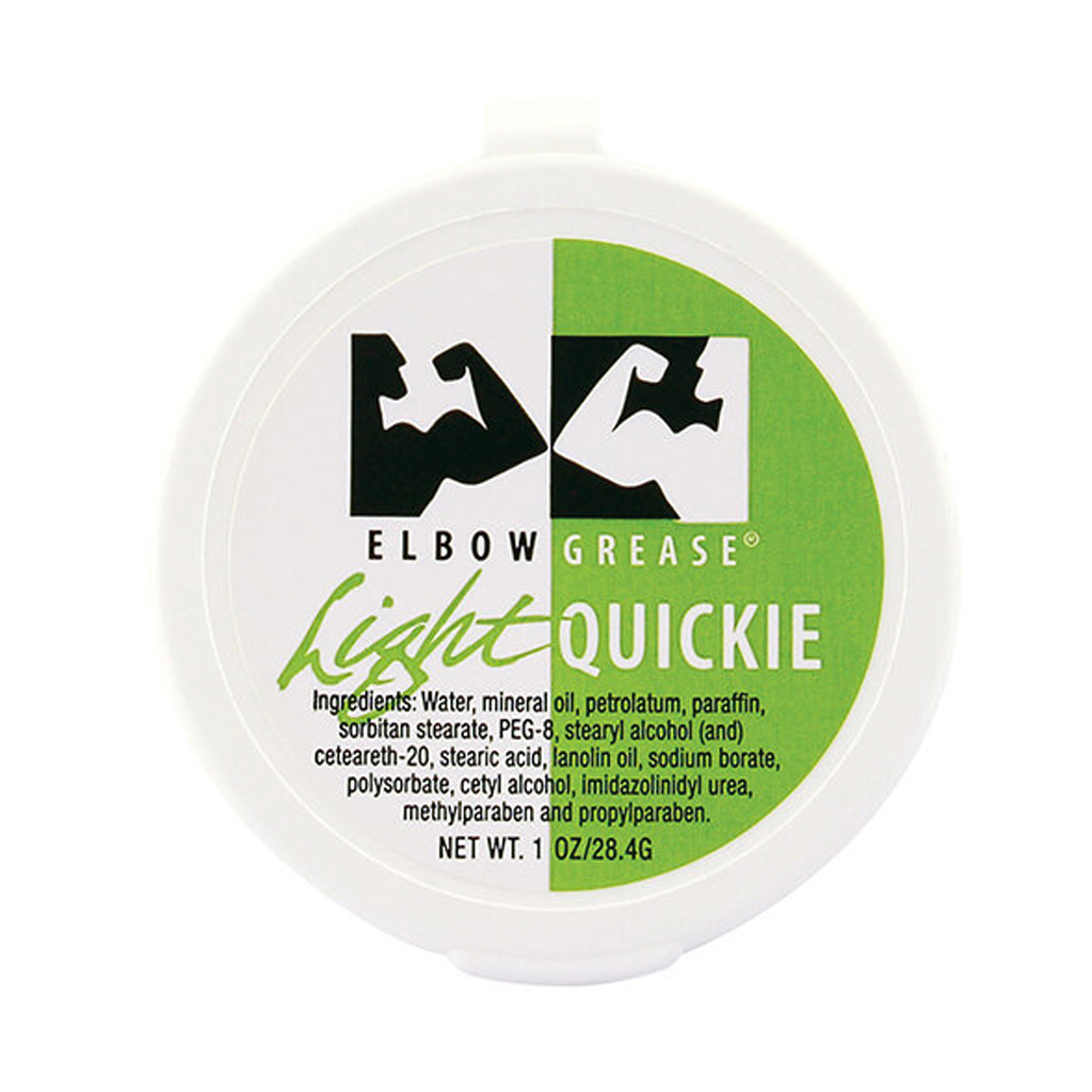 Elbow Grease Light Quickie personal lubricant in a white tub.