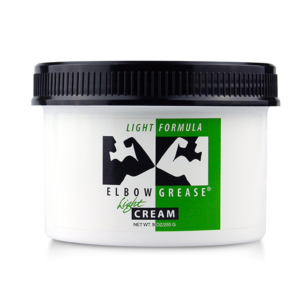 A white jar of Elbow Grease Light Formula cream with a black lid.