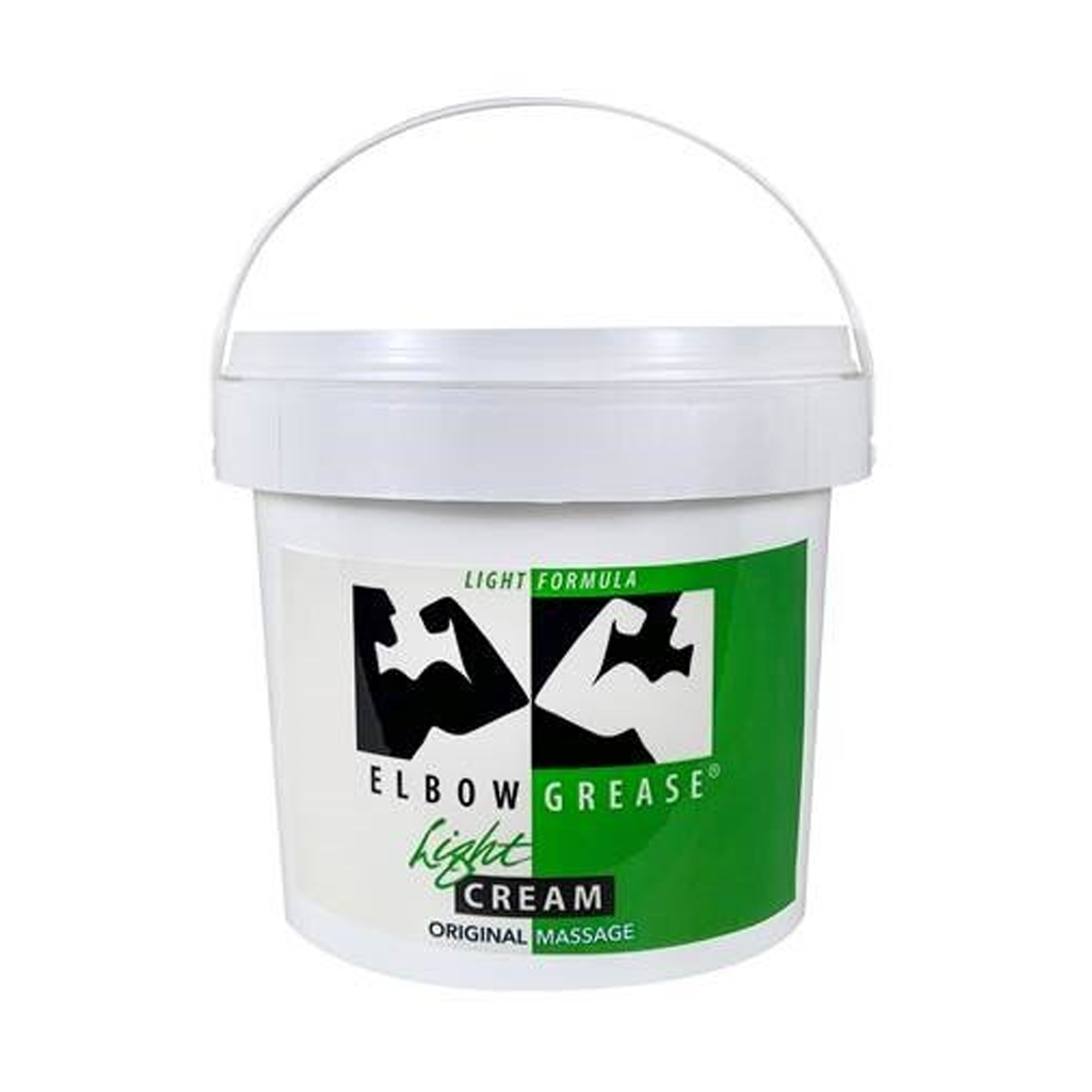A white pail of Elbow Grease light cream original massage lubricant.