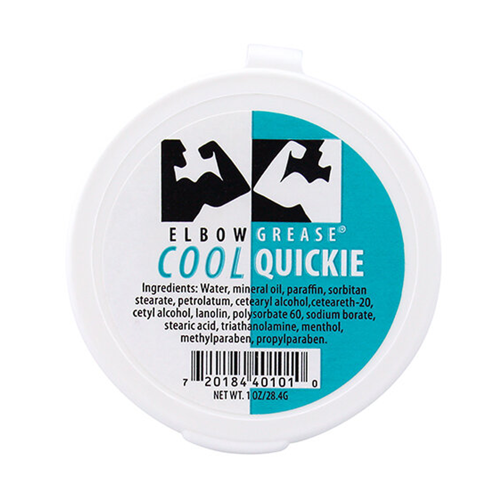 Elbow Grease Cool Quickie cooling stimulation cream in a white tub.