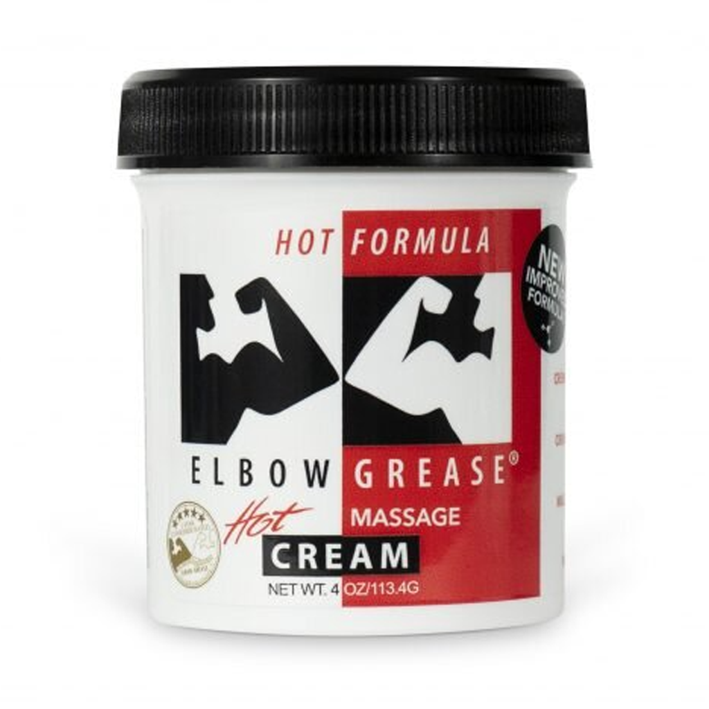 Jar of Elbow Grease Hot Formula massage cream with biceps graphics.