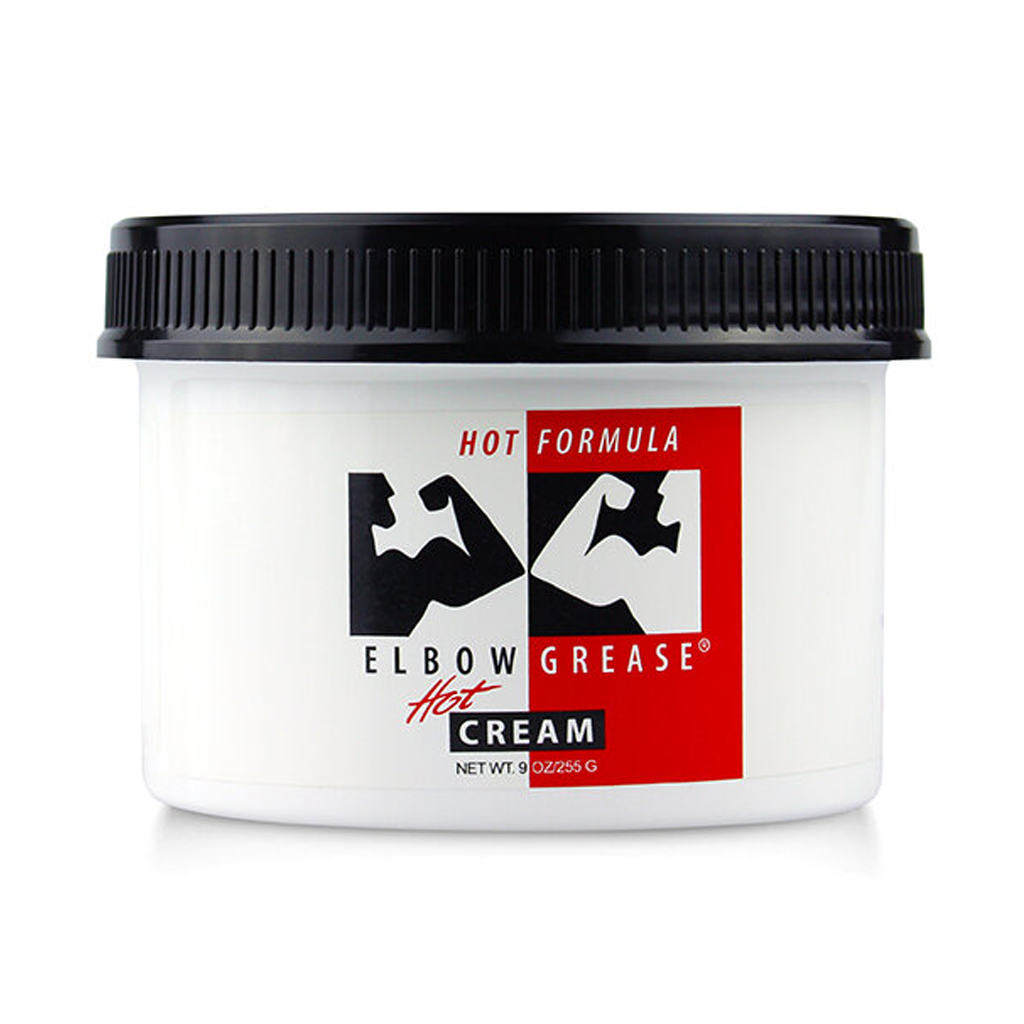 A jar of Elbow Grease Hot Formula cream with images of flexing arms.