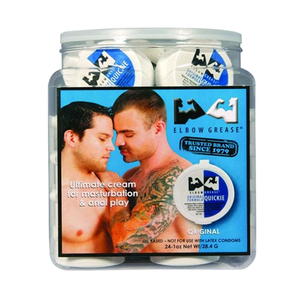 A jar of Elbow Grease original mineral oil based personal lubricant with images of two men.