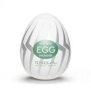 Tenga Thunder male masturbator egg with a white and grey striped design.
