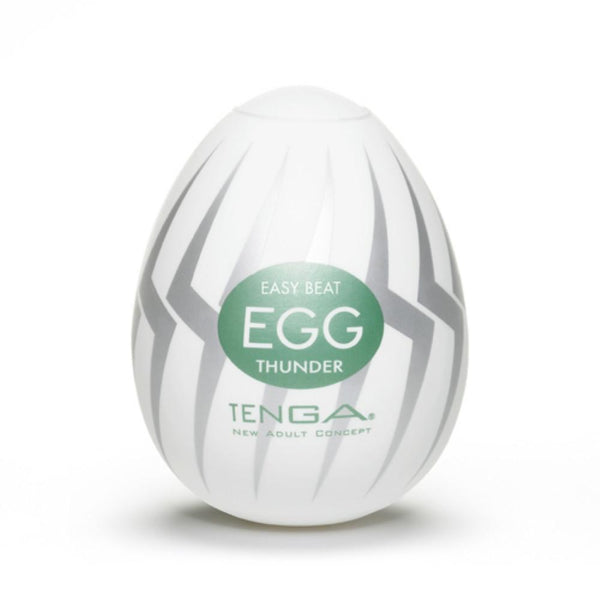 Tenga Thunder male masturbator egg with a white and grey striped design.