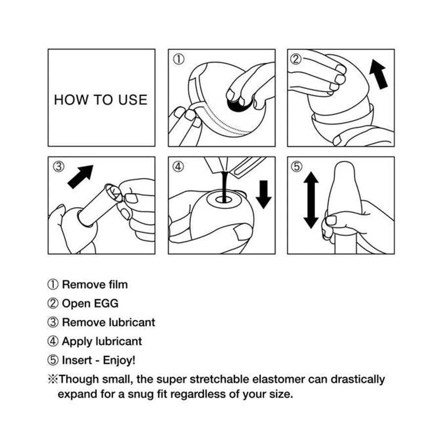 Diagram showing how to use a Tenga Spiral Male Masturbator Egg.