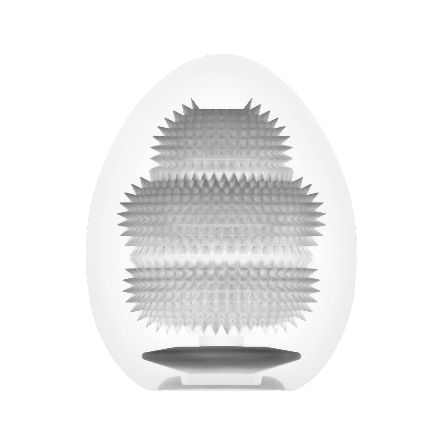 A white egg-shaped male masturbator with a textured interior.