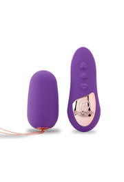 Purple Nu Sensuelle remote control egg vibrator with rose gold accents.