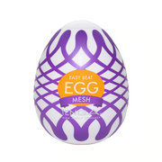 Tenga egg-shaped male masturbator with purple mesh pattern.