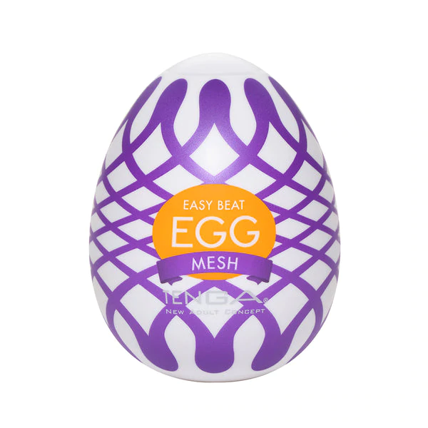 Tenga egg-shaped male masturbator with purple mesh pattern.