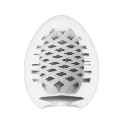 White egg-shaped masturbator with a textured mesh interior.