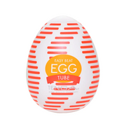 A white egg-shaped masturbator with red horizontal stripes and an orange label that says "EASY BEAT EGG TUBE TENGA".