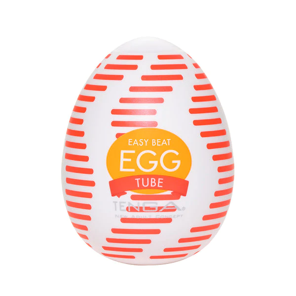 A white egg-shaped masturbator with red horizontal stripes and an orange label that says "EASY BEAT EGG TUBE TENGA".