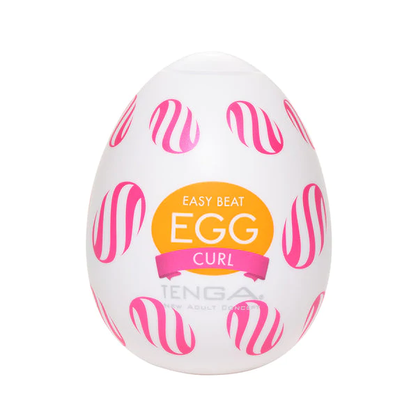Tenga egg-shaped male masturbator with pink swirl pattern and "EGG CURL" text.