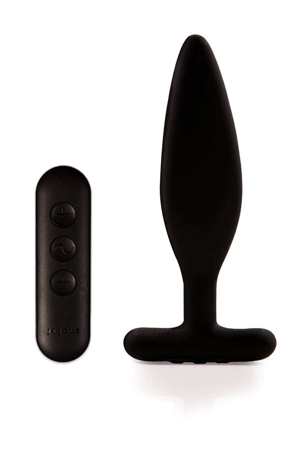 Black silicone vibrating anal plug with a remote control.