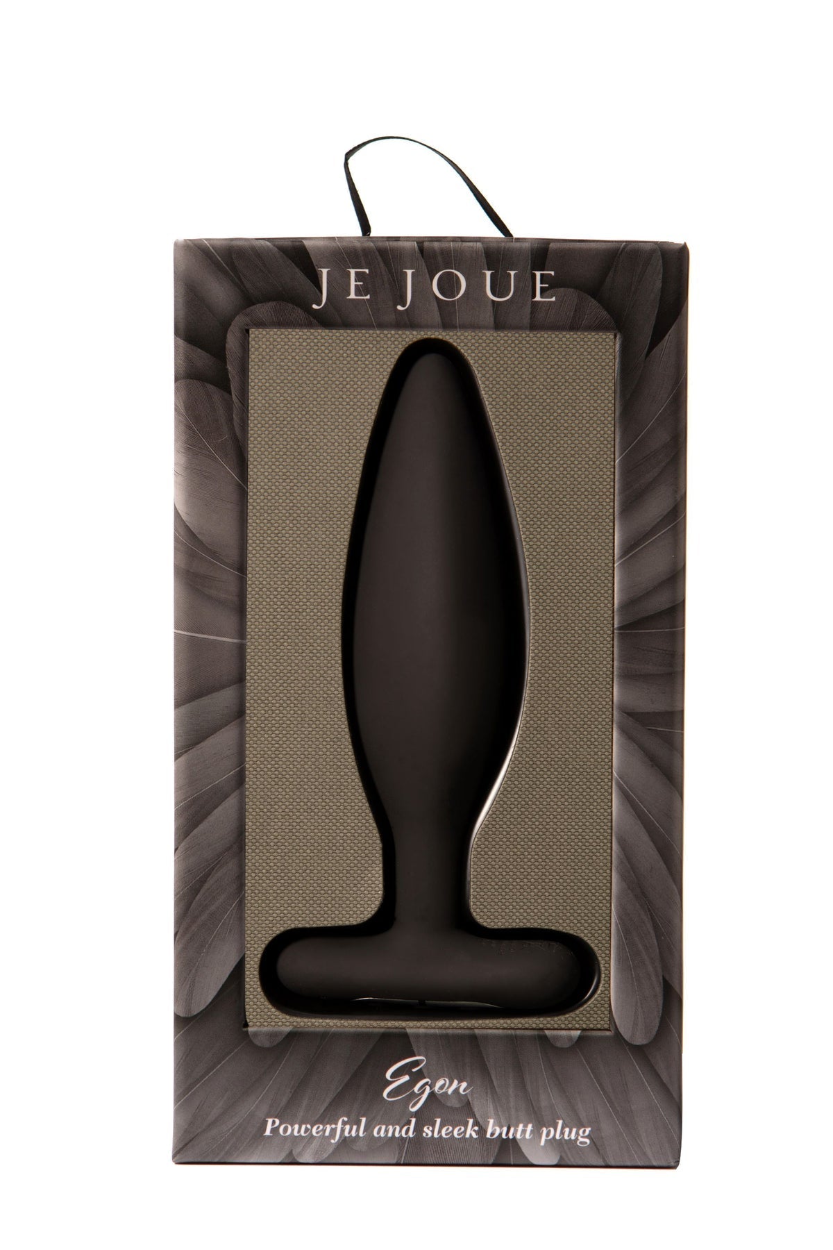 Black Je Joue Egon anal plug in packaging with feather design.