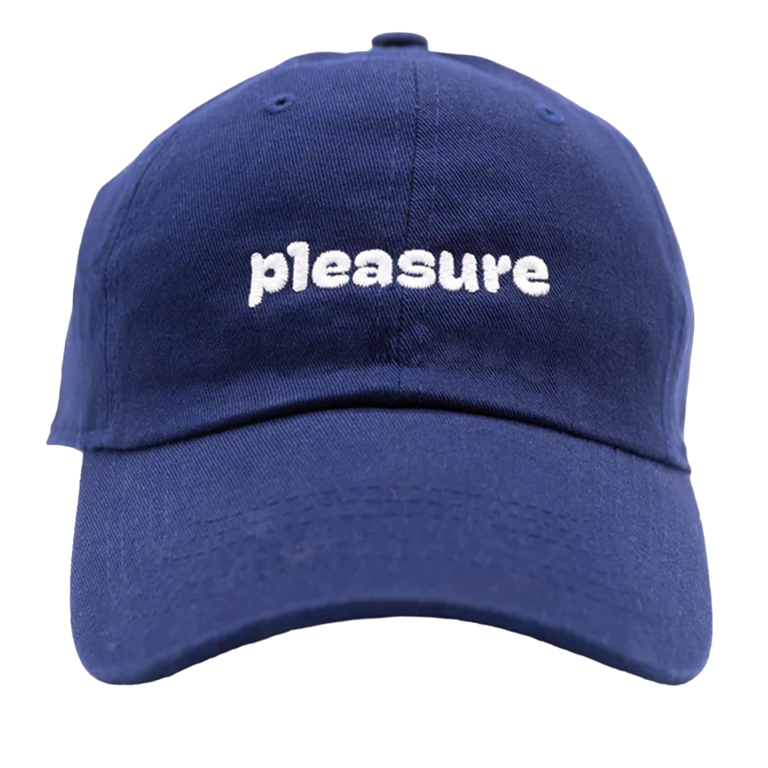 Navy blue cotton dad hat with "pleasure" embroidered in white.