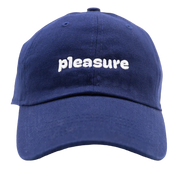 Navy blue cotton dad hat with "pleasure" embroidered in white.