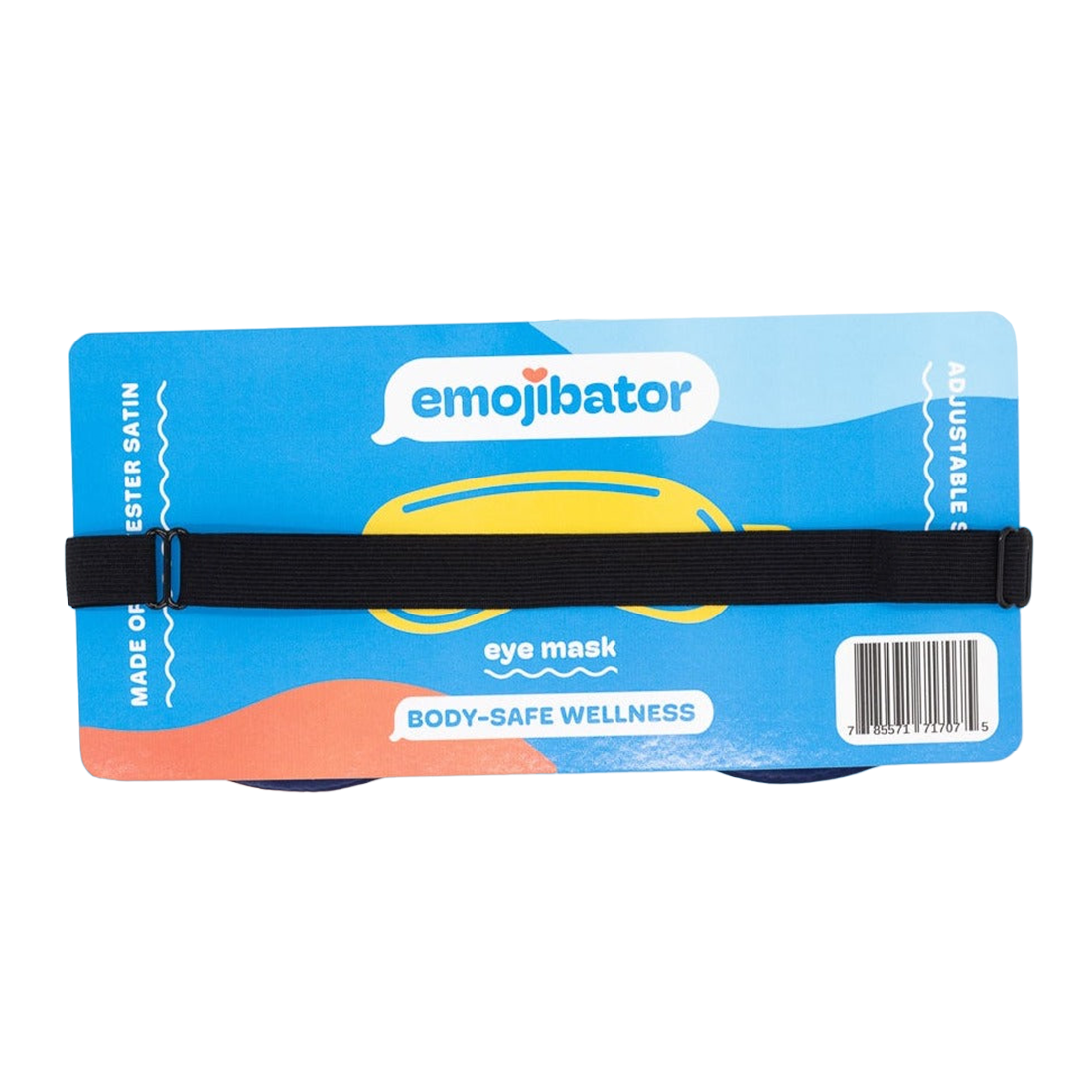 Blue Emojibator eye mask with adjustable strap and barcode.