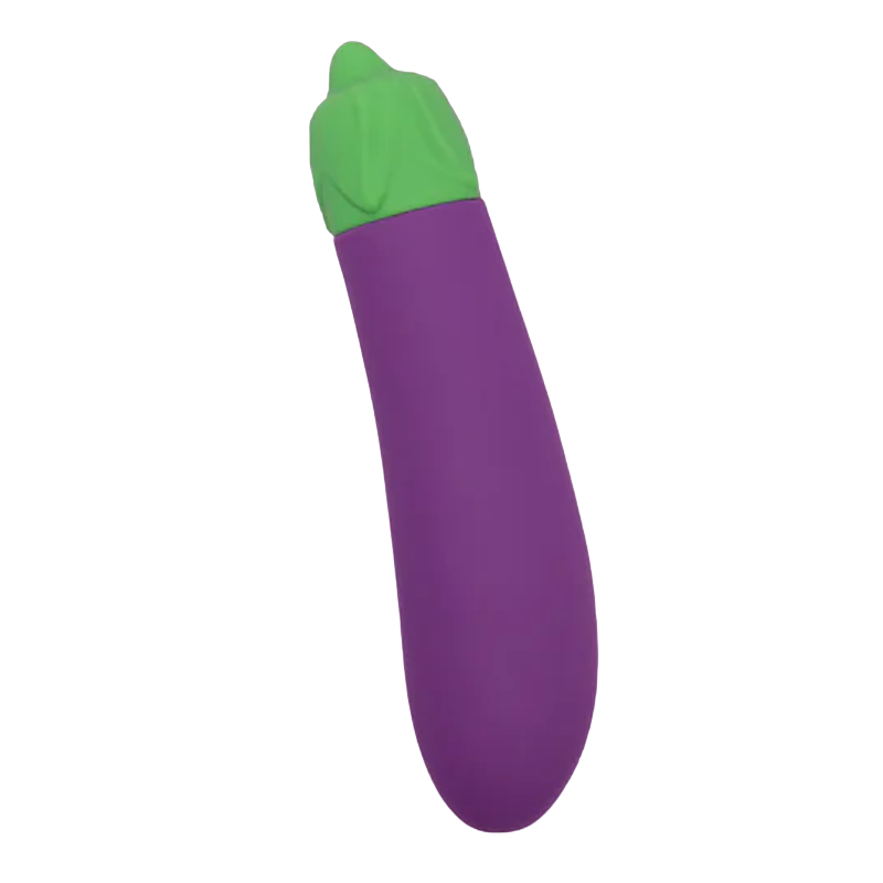 Purple eggplant-shaped vibrator with a green stem.