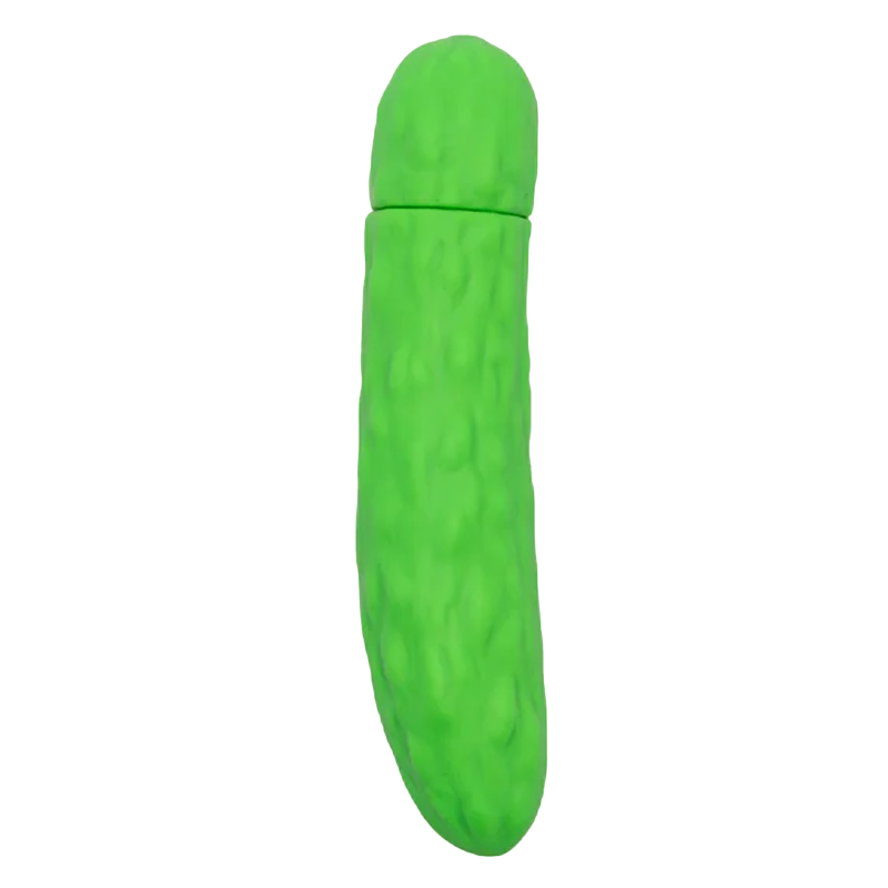 Green pickle-shaped vibrating bullet massager.