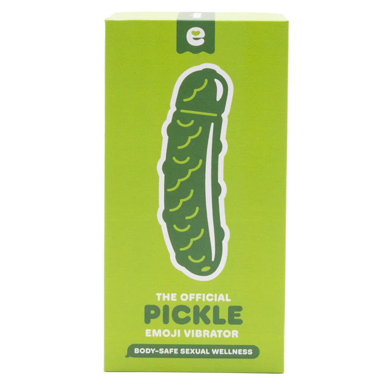 A green box with a pickle emoji and text that reads "The Official Pickle Emoji Vibrator".
