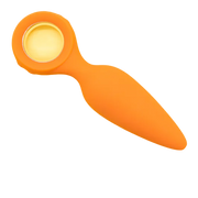 Orange silicone butt plug with a circular head and a tapered body.