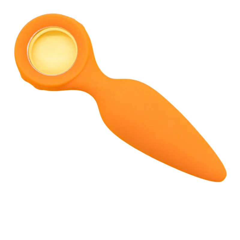 Orange silicone butt plug with a circular head and a tapered body.