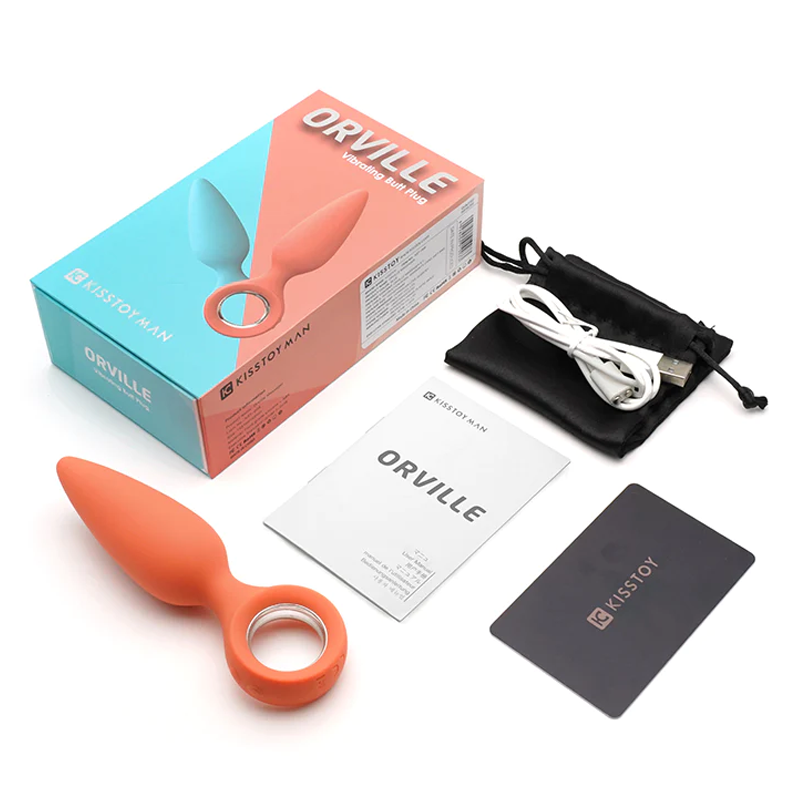Orange vibrating butt plug with a ring, charging cable, and packaging.