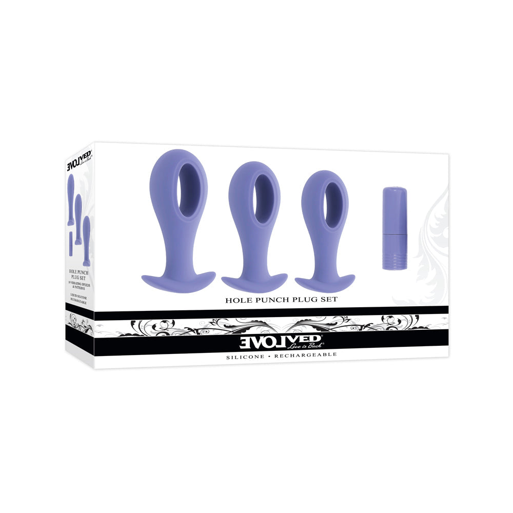 A set of three purple silicone anal plugs with a hollow center and a removable vibrating bullet.