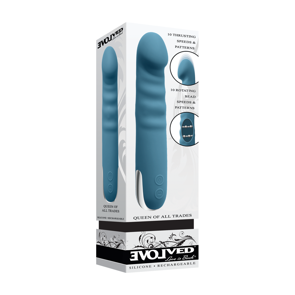 A blue silicone vibrator with thrusting and rotating features.