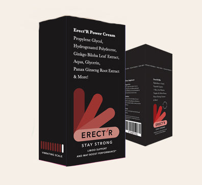 Black box packaging for Erect'r Power Cream with ingredient list and branding.