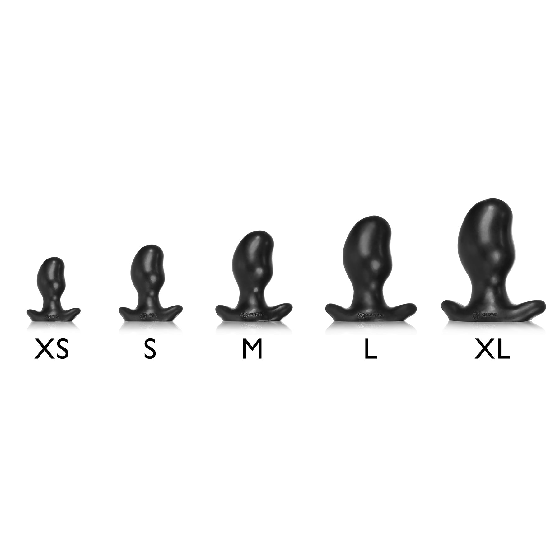 Five black silicone anal plugs of increasing size, labeled XS, S, M, L, and XL.