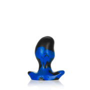 Small black and blue swirl silicone anal plug with a flared base.