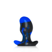 Black and blue swirl silicone anal plug with a flared base.