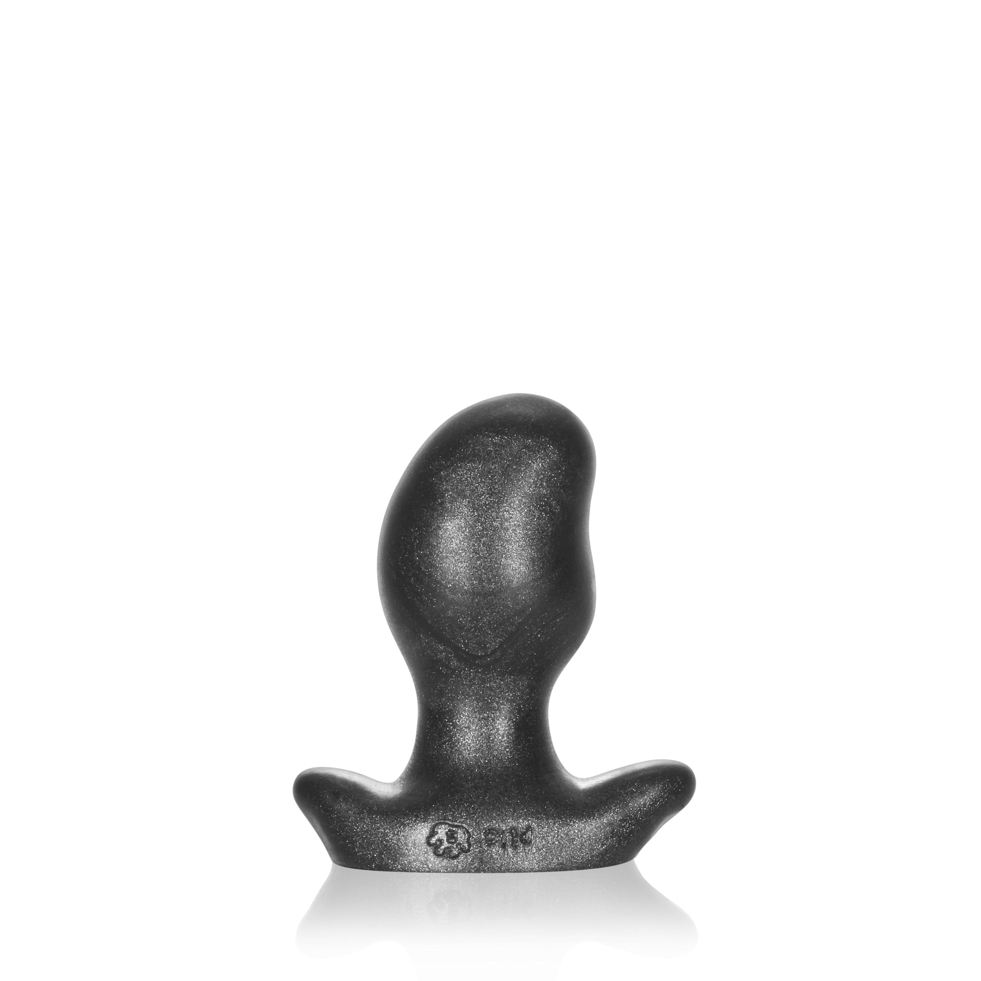 Small smoke grey ergonomic silicone anal plug with a flared base.