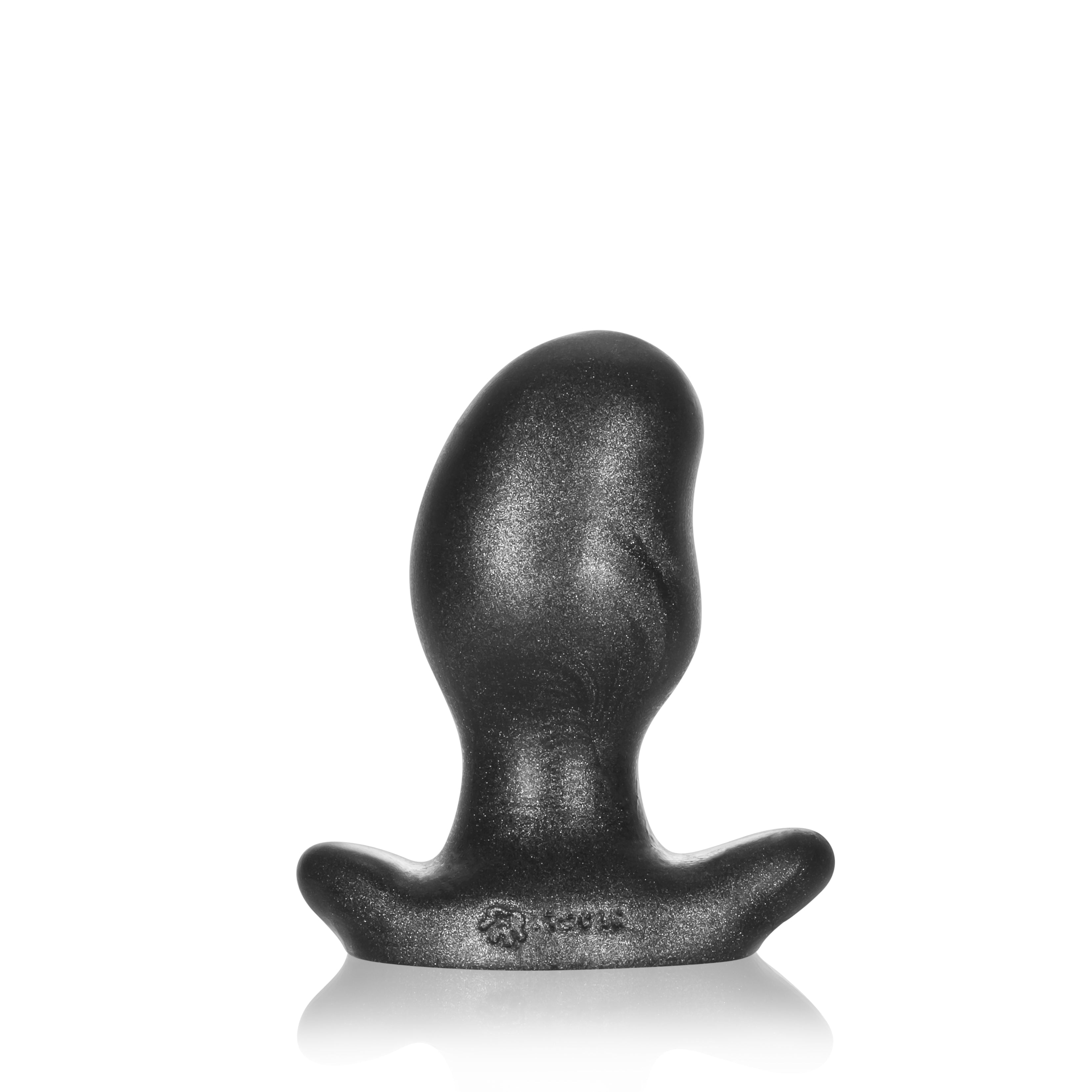 A smoke grey silicone anal plug with a kidney bean shape and flared base.