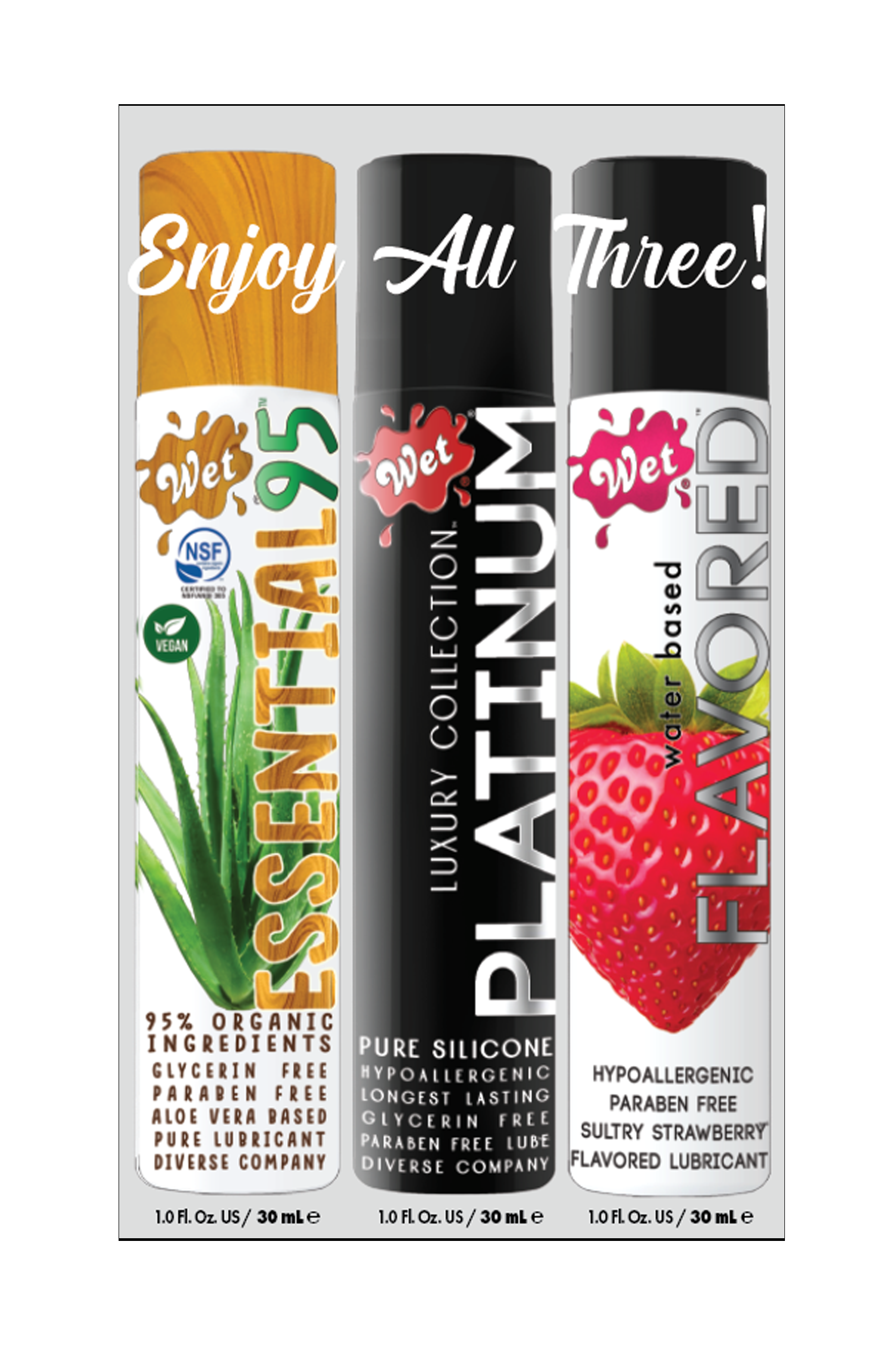 Wet Personal Lubricant 3-pack sampler with Essential, Platinum, and Strawberry flavors.