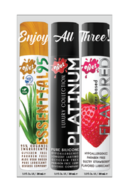 Wet Personal Lubricant 3-pack sampler with Essential, Platinum, and Strawberry flavors.