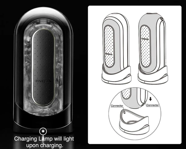 Tenga Flip Zero EV Black rechargeable vibrating stroker with charging indicator.