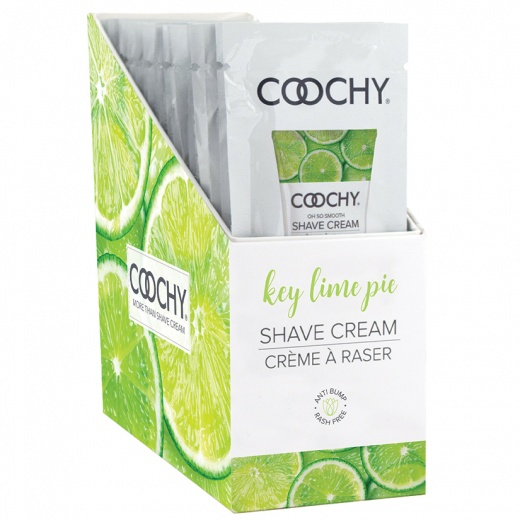 Coochy Key Lime Pie moisturizing shave cream display with individual packets.